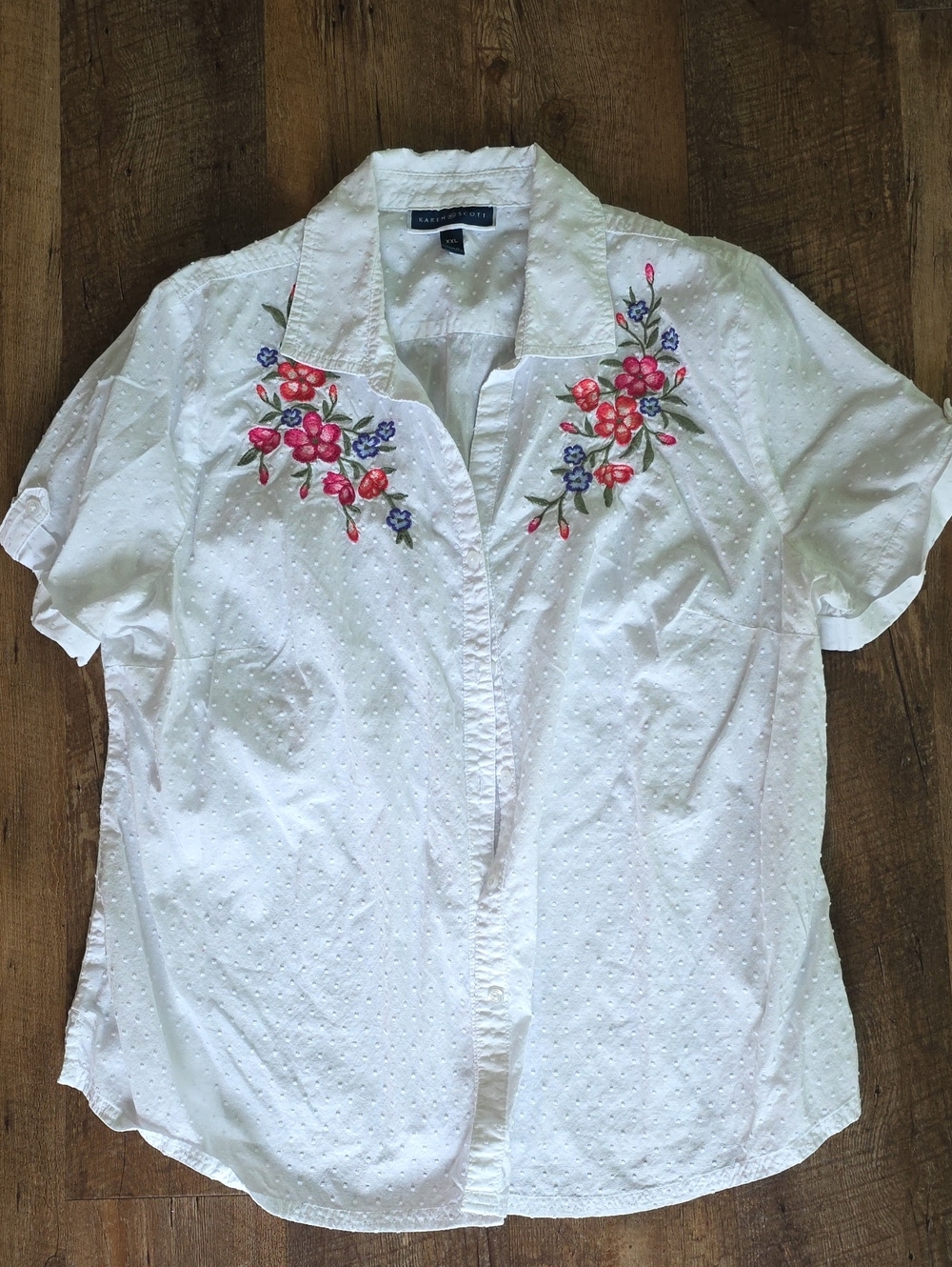 Karen Scott White Button-Front Shirt with Pink & Blue Floral Embroidery Size XXL